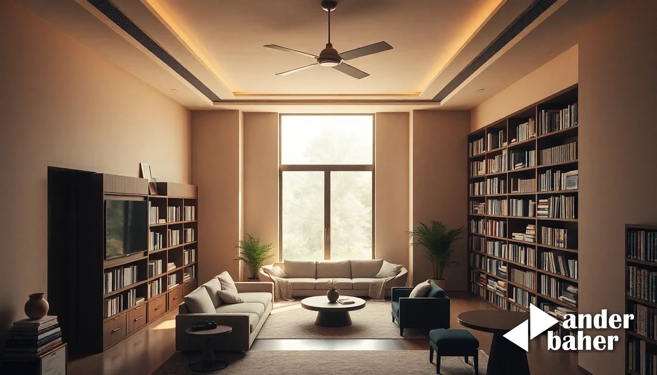 Wooden open shelving with spine-out books near a bright window, afternoon light illuminating worn pages and accessible hardware in a shared home library