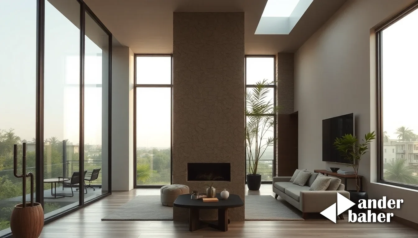 Columnar cypress plant beside polished marble accent wall with rippling glass and filtered afternoon light in a compact Bangalore apartment studio