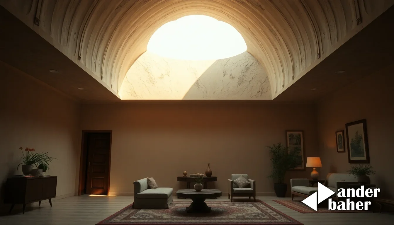 Barrel-vaulted ceiling with clerestory light filtering into a modern living room, casting rhythmic shadows across warm stone flooring