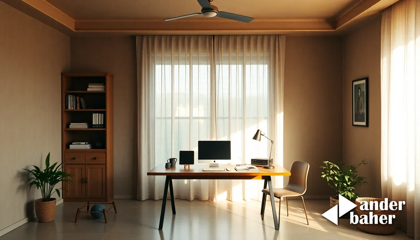 Teak desk with brass accessories and morning light, styled with books and ceramics in a Bangalore home office nook