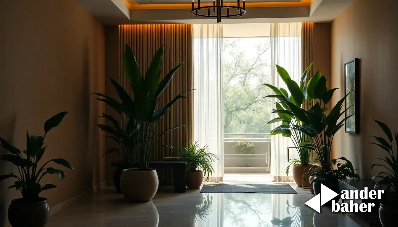 Bright, naturally-lit living room with floor-to-ceiling windows in an upper-floor apartment, afternoon sunlight casting geometric shadows across wooden flooring