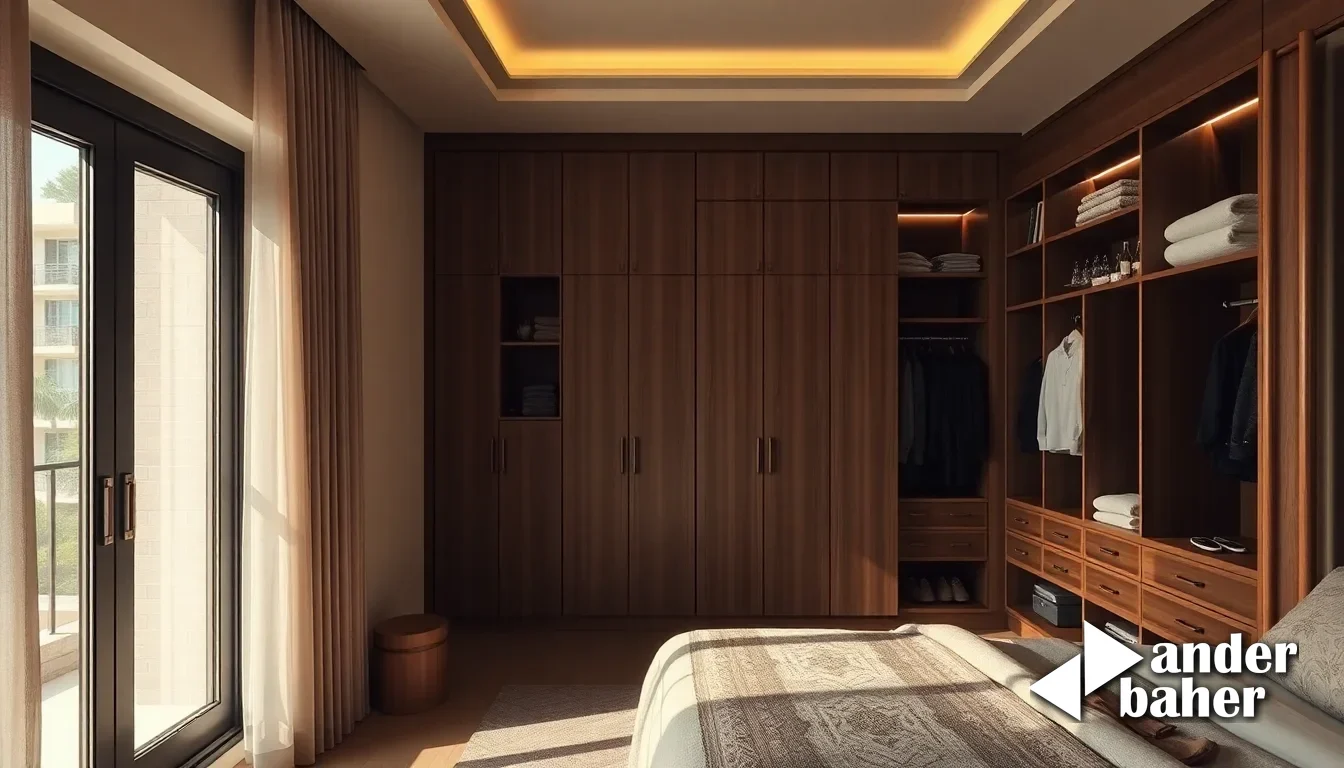 Wall-to-wall built-in shelving with deep plywood cabinetry and floating desk in a bright Sarjapur Road apartment, morning light through operable shutters