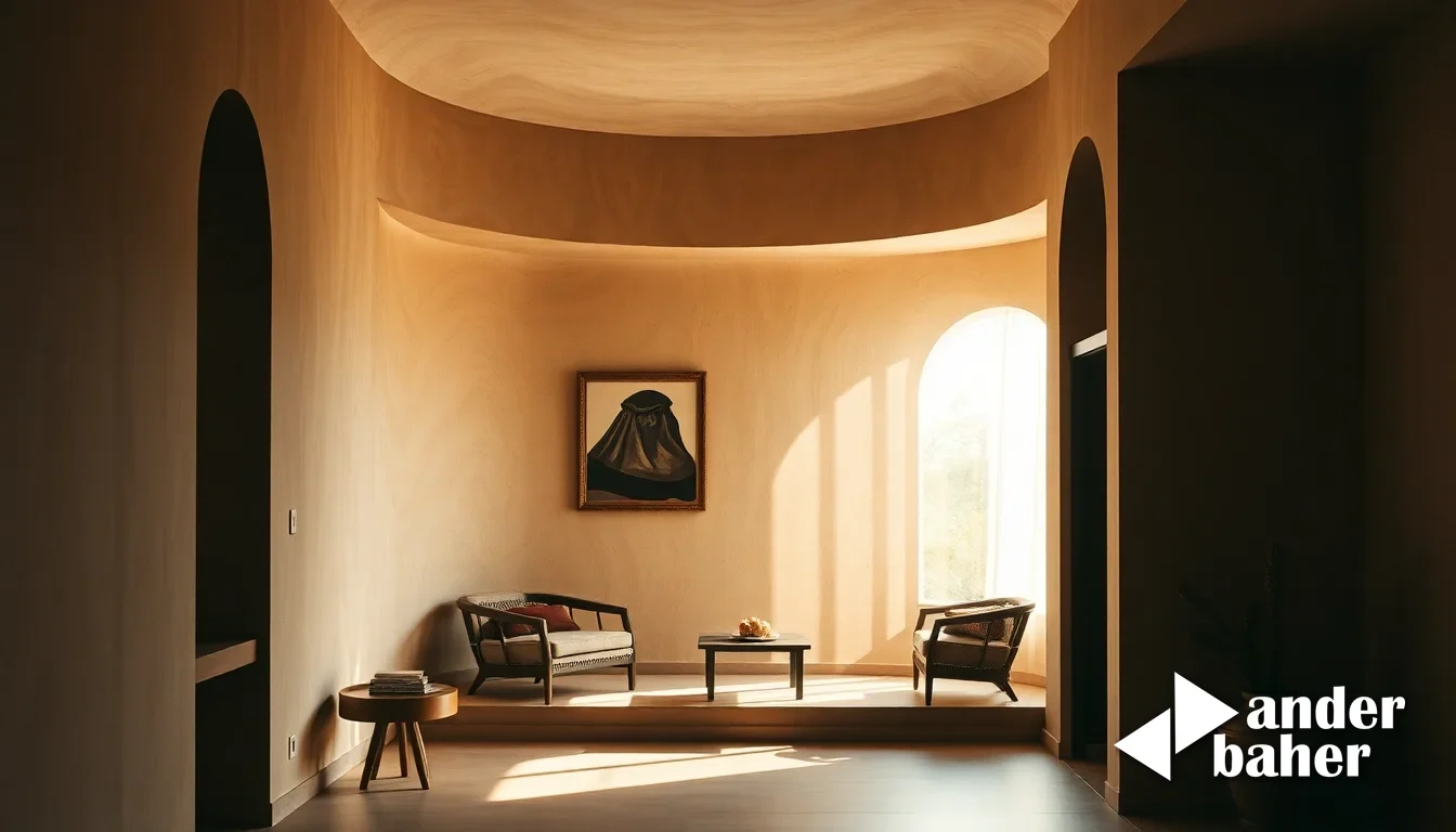 Curved architectural wall detail with filtered afternoon sunlight creating gradated shadows in a contemporary Indian home interior
