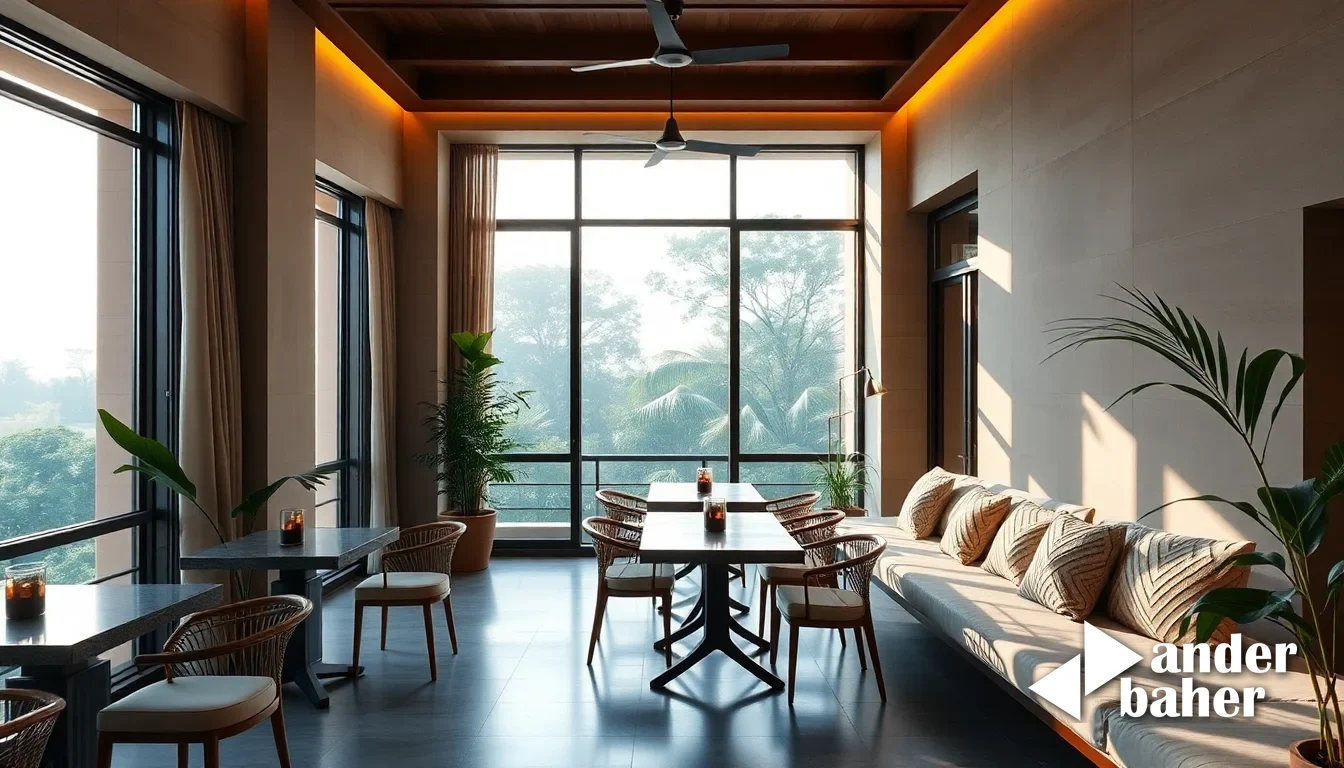 A modern balcony with weathered teak railings, soft seating, and filtered afternoon light casting geometric shadows across pale terrazzo flooring in a Bengaluru high-rise apartment