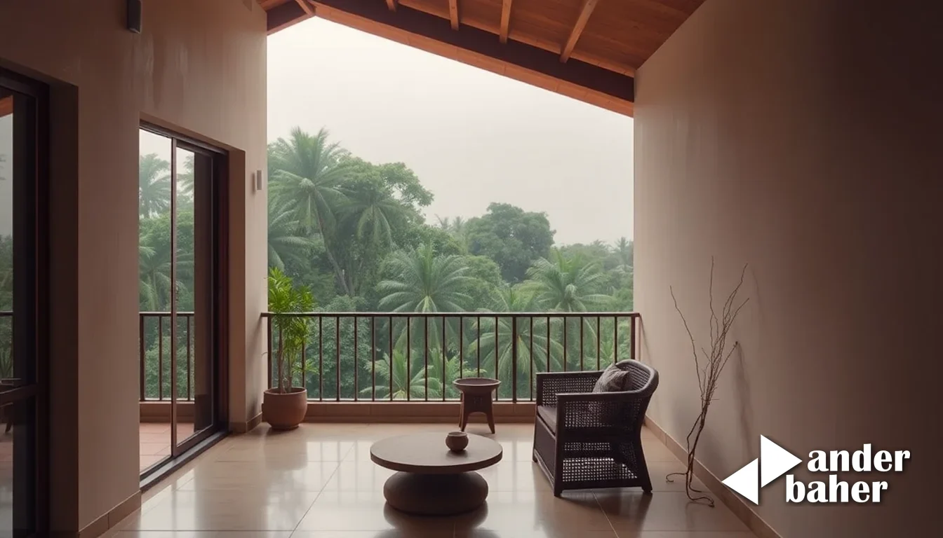 A sheltered Bangalore balcony with elevated planters, teak furniture, and a wooden pergola filtering monsoon light through climbing vines